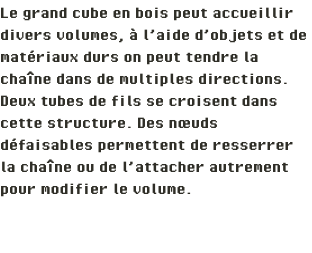 Le grand cube en bois peut accueillir divers volumes, à l’aide d’objets et de matériaux durs on peut tendre la chaîne dans de multiples directions. Deux tubes de fils se croisent dans cette structure. Des nœuds défaisables permettent de resserrer la chaîne ou de l’attacher autrement pour modifier le volume. 